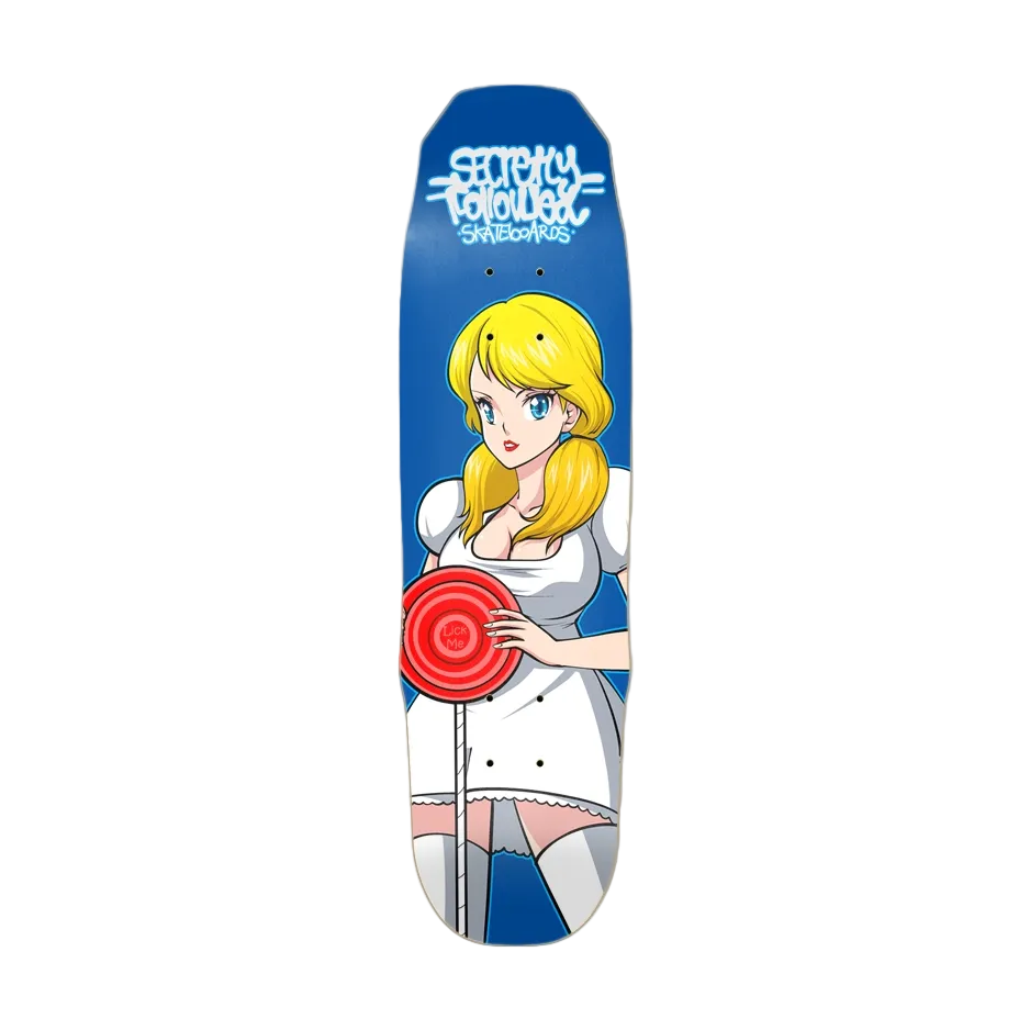 Skateboard deck with anime character holding a red flower on a blue background