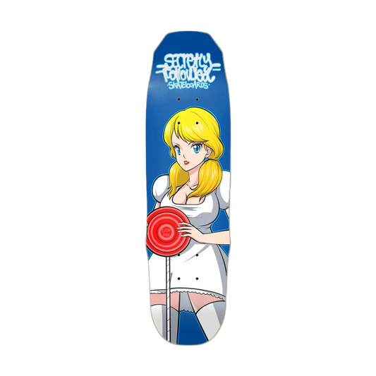 Skateboard deck with anime character holding a red flower on a blue background