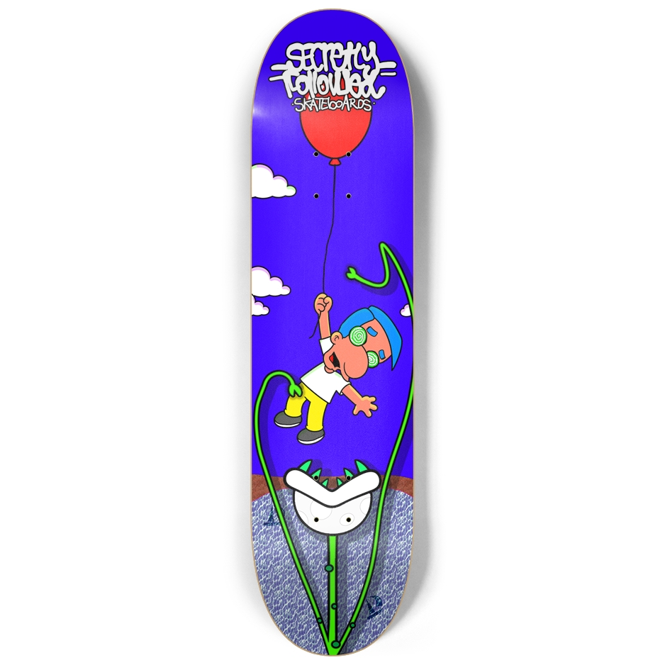 secretly followed graffiti blue skatebaord with red ballon 