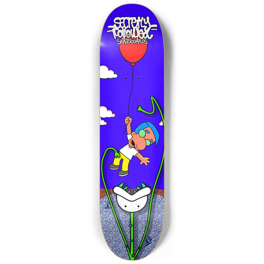 secretly followed graffiti blue skatebaord with red ballon 